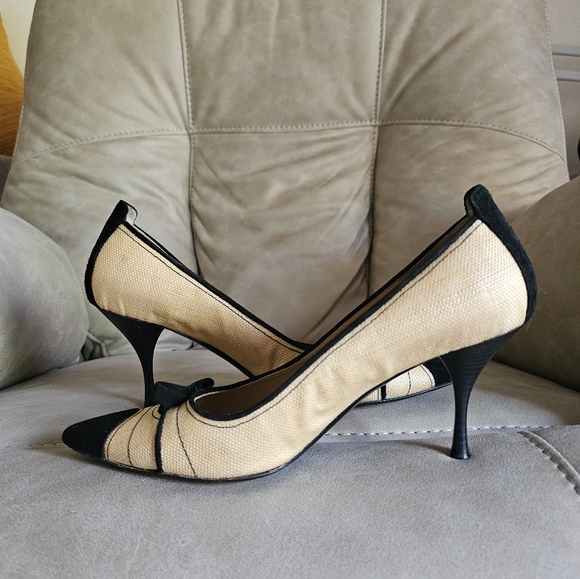 Via Spiga Beige canvas Black Suede Bow Accent Y2K Pointed Toe Heels Shoes sz 10 - Picture 7 of 11
